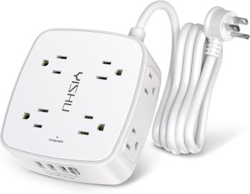 6 Ft Surge Protector Power Strip - 8 Widely Outlets with 4 USB Ports, 3 Side Outlet Extender with 6 Feet Extension Cord, Flat Plug, Wall Mount