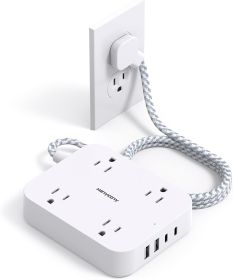 Flat Plug Extension Cord,   5ft Power Strip with 4 USB Ports(2 USB C), 4 Widely Outlets Extender, Wall Mount
