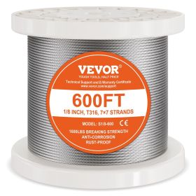 VEVOR Wire Rope Kit, 1/8" 600 ft 316 Stainless Steel Cable with Cutter and Gloves, 1600 lbs Breaking Strength